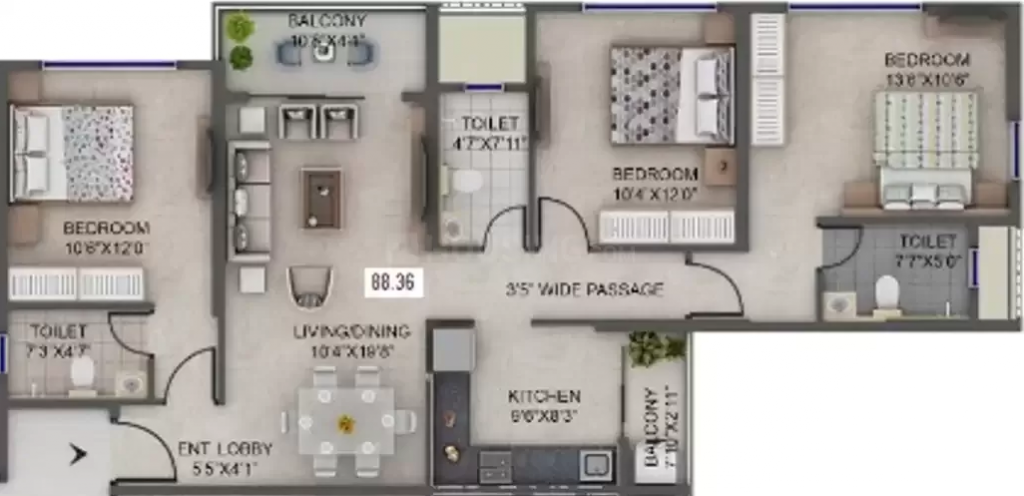 Supreme-Estia-Floorplan-3BHK